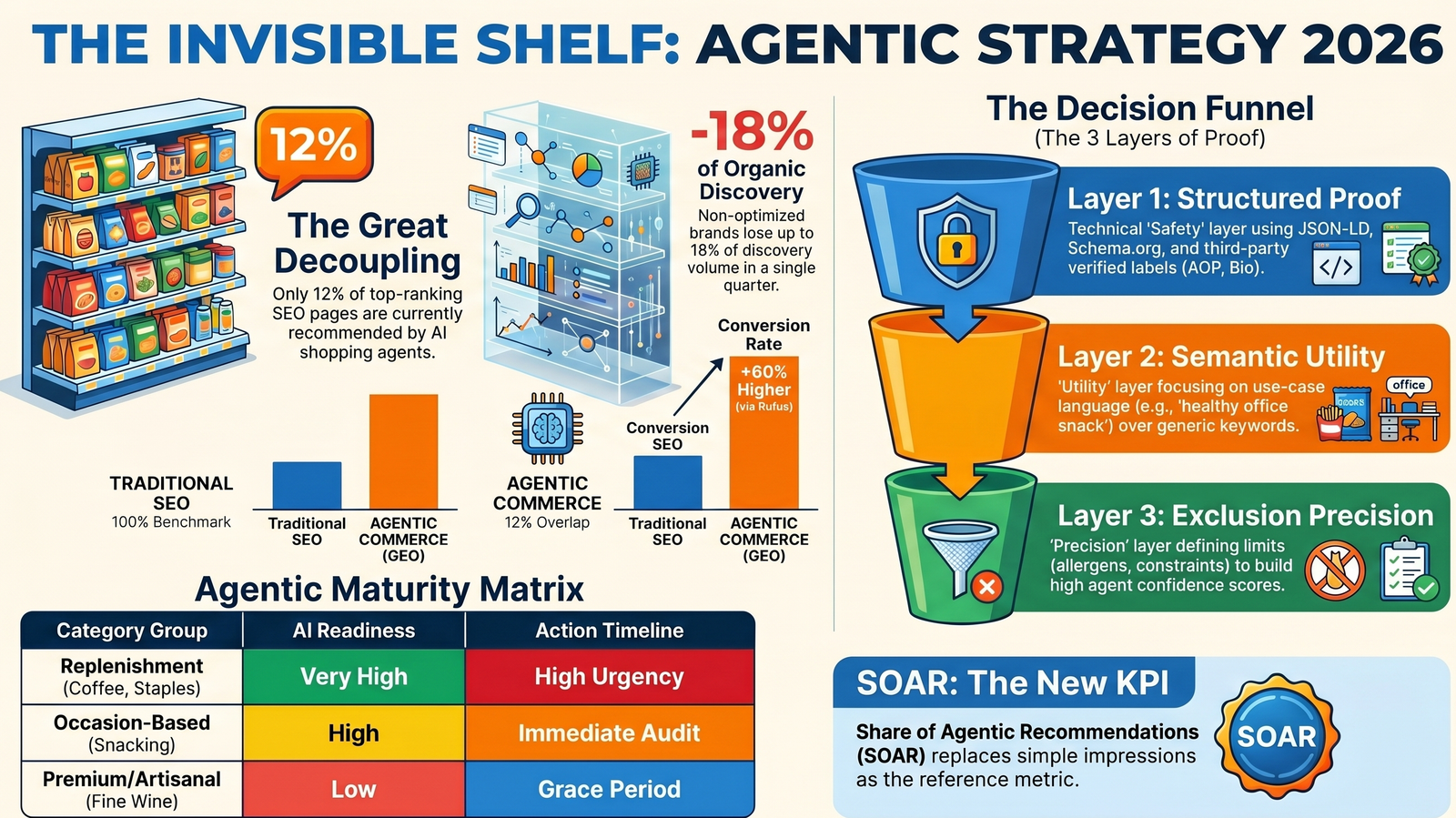 The Invisible Shelf: Agentic Strategy 2026 — les 3 niveaux de décision, la matrice de maturité et le KPI SOAR