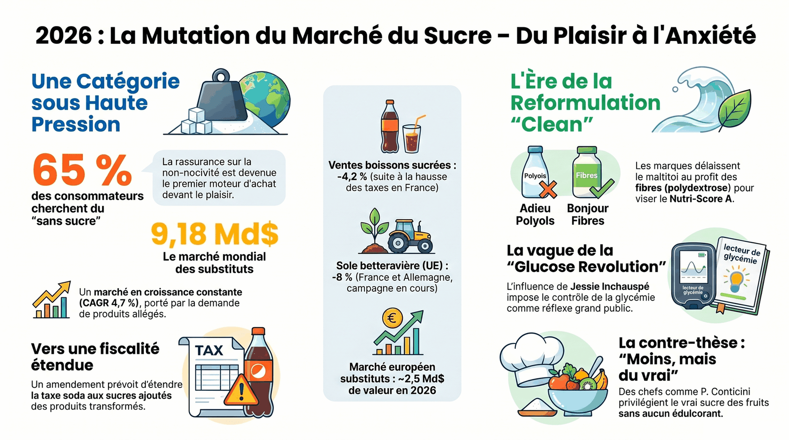 Infographie : 2026, la mutation du marché du sucre, du plaisir à l'anxiété. Catégorie sous pression, ère de la reformulation clean, vague de la glycémie, contre-thèse moins mais du vrai.